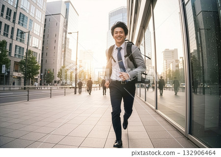 一名男性上班族背著背包快速奔跑。 132906464