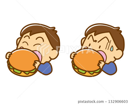 Boy eating a big hamburger 132906603