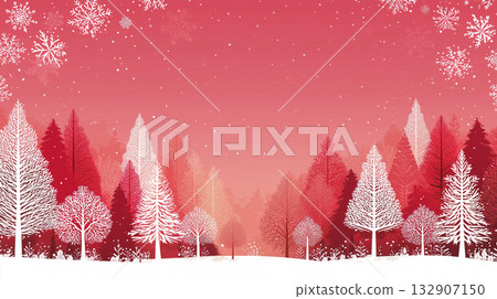紅森林的雪景 | 夢幻般的冬季插畫背景 / 聖誕節背景 132907150