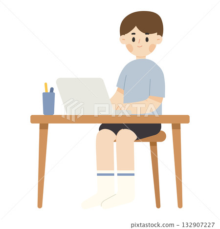 Flat design illustration of a young man working at a computer. Working spaces concept. Flat cartoon character vector illustration Flat design illustration of a young man working at a computer. Working spaces concept. Flat cartoon character vector illustration 132907227