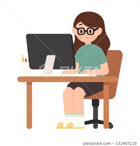 Flat design illustration of a young woman working at a computer. Working spaces concept. Flat cartoon character vector illustration Flat design illustration of a young woman working at a computer. Working spaces concept. Flat cartoon character vector illustration 132907228