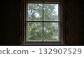 Cracked window with rain in abandoned wooden house during storm with peeling wallpaper and gray light 132907529