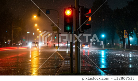 Blinking yellow traffic light in rainy night cityscape with reflections and umbrellas in background 132907535