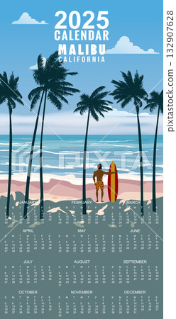 Calendar Monthly 2025 California Malibu Beach retro travel poster vector 132907628