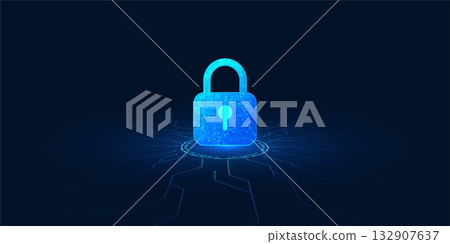 Cybersecurity background with a digital lock connected to technology circuits, symbolizing data protection, privacy, and advanced network security systems 132907637