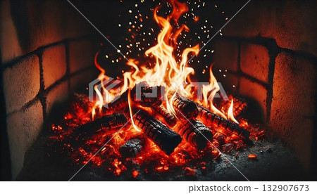 The fascinating embers and flames of a wood fire The fascinating embers and flames of a wood fire 132907673