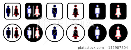 Toilet icon set with male and female restroom symbols. Simple WC vector illustration in outline style with red and blue colors. 132907804