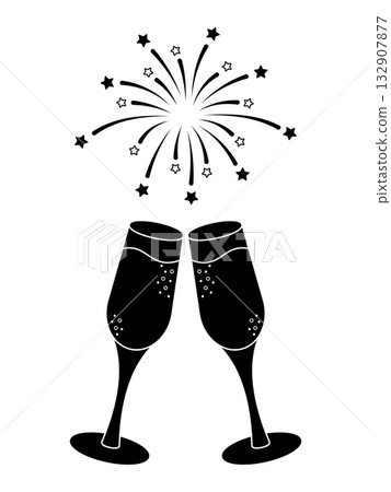 Champagne glasses clinking with fireworks silhouette. Festive celebration vector illustration for New Year, wedding, anniversary, party, or holiday greeting design. Elegant black and white minimal art Champagne glasses clinking with fireworks silhouette. Festive celebration vector illustration for New Year, wedding, anniversary, party, or holiday greeting design. Elegant black and white minimal art 132907877