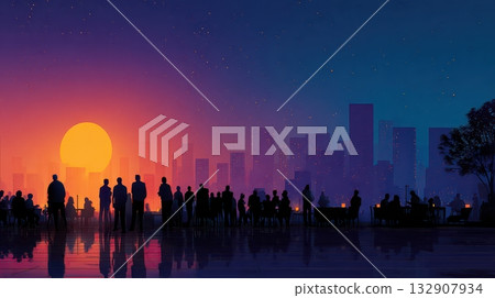 City Silhouette at Sunset with People Gathering in Urban Landscape City Silhouette at Sunset with People Gathering in Urban Landscape 132907934