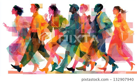 Colorful Abstract Illustration of People in Motion Running Together Colorful Abstract Illustration of People in Motion Running Together 132907940