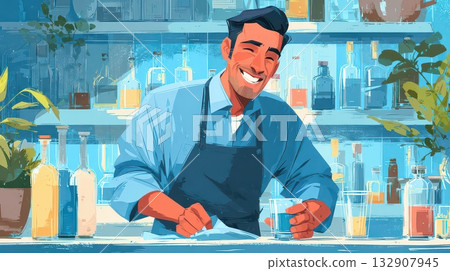 Smiling bartender serving cocktails in a modern bar setting Smiling bartender serving cocktails in a modern bar setting 132907945