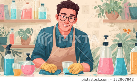 Smiling Man Preparing Colorful Solutions in Bright Laboratory Environment Smiling Man Preparing Colorful Solutions in Bright Laboratory Environment 132907948