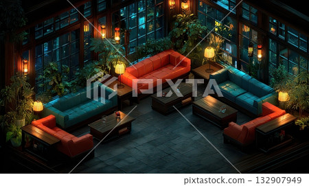 Cozy Indoor Lounge with Colorful Sofas and Ambient Lighting 132907949