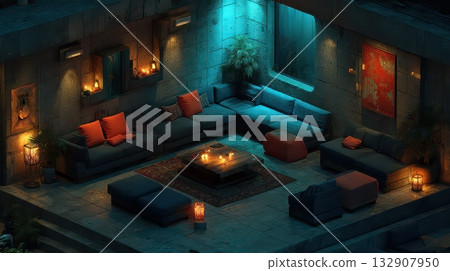 Cozy Modern Lounge Area with Ambient Lighting and Comfortable Seating 132907950
