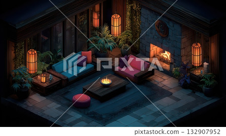 Cozy Indoor Lounge with Modern Decor and Warm Fireplace Ambiance Cozy Indoor Lounge with Modern Decor and Warm Fireplace Ambiance 132907952