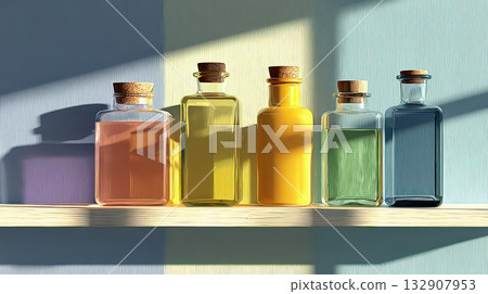 Colorful Glass Bottles on Shelf with Soft Shadows and Light Play Colorful Glass Bottles on Shelf with Soft Shadows and Light Play 132907953