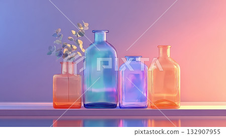 Colorful Glass Bottles with Eucalyptus on a Minimalist Shelf Colorful Glass Bottles with Eucalyptus on a Minimalist Shelf 132907955