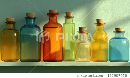 Colorful Glass Bottles on a Shelf with Natural Light Reflection Colorful Glass Bottles on a Shelf with Natural Light Reflection 132907956