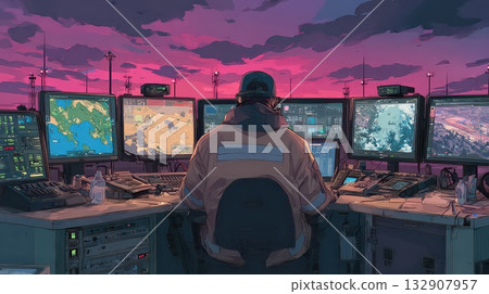 Worker at Control Center with Multiple Screens at Sunset Sky Worker at Control Center with Multiple Screens at Sunset Sky 132907957