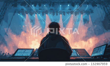 Sound Engineer Overseeing Concert Stage with Dramatic Light Show 132907959