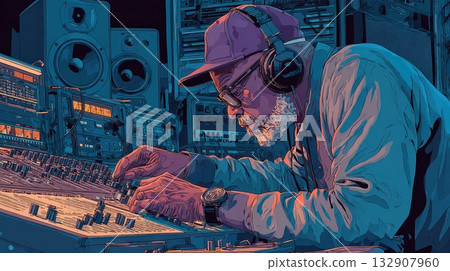 Vintage Sound Engineer Working with Music Equipment in Studio 132907960
