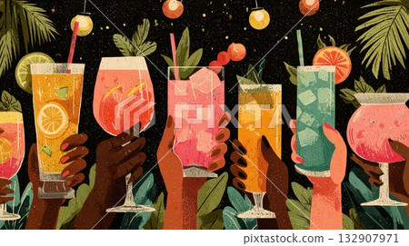 Colorful Summer Cocktails in a Tropical Celebration Scene Colorful Summer Cocktails in a Tropical Celebration Scene 132907971