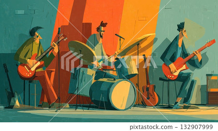 Colorful Illustration of Three Musicians Performing in a Band 132907999