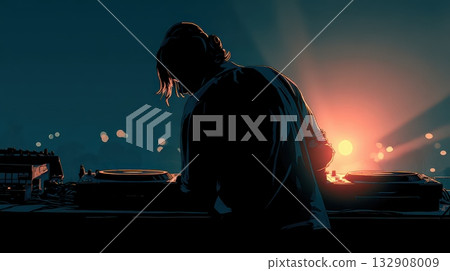 DJ Mixing Music at Sunset with Turntables and Vibrant Atmosphere 132908009