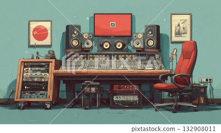 Vintage Recording Studio Setup with Retro Aesthetic and Equipment Vintage Recording Studio Setup with Retro Aesthetic and Equipment 132908011