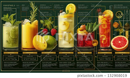 Colorful Cocktail Chart Featuring Various Refreshing Drink Recipes Colorful Cocktail Chart Featuring Various Refreshing Drink Recipes 132908019