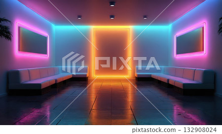 Neon-lit empty room with modern seating and colorful illumination Neon-lit empty room with modern seating and colorful illumination 132908024