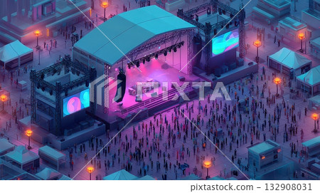 Vibrant Night Scene at an Open-Air Music Festival with Crowds 132908031