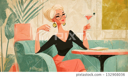 Elegant Woman Relaxing with Cocktail in Stylish Retro Lounge Elegant Woman Relaxing with Cocktail in Stylish Retro Lounge 132908036