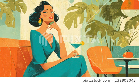 Elegant Woman with Cocktail in Vibrant Tropical Setting 132908042
