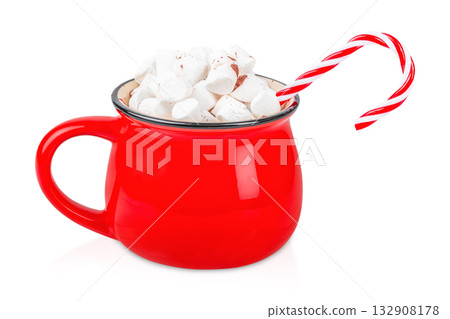 Red enamel mug filled with marshmallows and candy cane isolated on white background, festive winter drink concept with copy space 132908178