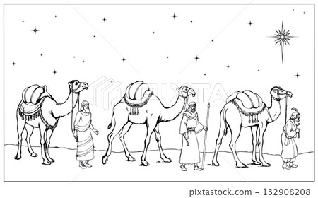 Vector illustration of the Magi approaching Jesus. 132908208