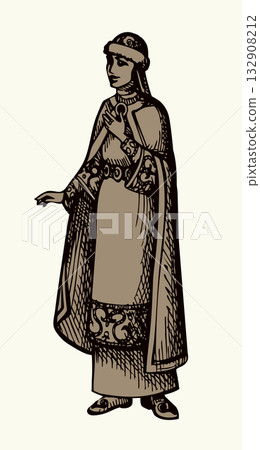 Vector drawing. Pretty ancient girl of Kievan Rus 132908212