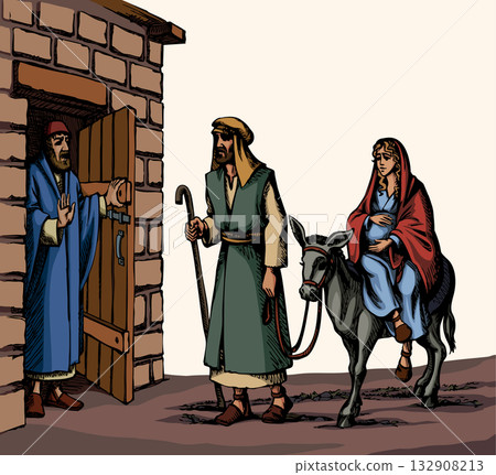 Vector drawing. Man at the door meet Mary and Joseph Vector drawing. Man at the door meet Mary and Joseph 132908213