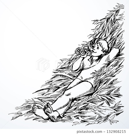 Vector drawing. Boy resting on a hay 132908215
