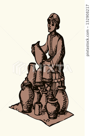 Vector illustration of a boy selling pots. Vector illustration of a boy selling pots. 132908217