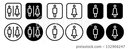 Toilet icon set with male and female restroom symbols. Simple WC vector illustration in minimal outline style. Toilet icon set with male and female restroom symbols. Simple WC vector illustration in minimal outline style. 132908247