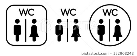 Toilet icons with WC symbols inside square and circular frames. Simple outline vector illustration showing male and female restroom signs for public facilities and navigation design. Toilet icons with WC symbols inside square and circular frames. Simple outline vector illustration showing male and female restroom signs for public facilities and navigation design. 132908248