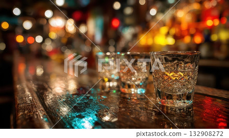 Glimmering Glasses of Alcoholic Drink on Bar Top with Bokeh Lights Glimmering Glasses of Alcoholic Drink on Bar Top with Bokeh Lights 132908272