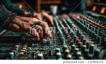 Hands Mixing Audio on Control Panel at Professional Recording Studio 132908335