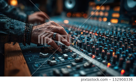 Hands Adjusting Controls on Audio Mixing Console in Recording Studio 132908336