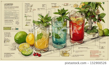 Colorful Cocktail Illustration with Fresh Ingredients and Recipes 132908526
