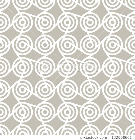Seamless geometric pattern of concentric circles and diagonal lines on light background, ideal for textiles, wallpaper, or design. 132908661