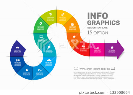 Infographic with curved arrow segments and icons, illustrating workflow, progress, and strategic steps. Vector illustration. Infographic with curved arrow segments and icons, illustrating workflow, progress, and strategic steps. Vector illustration. 132908664