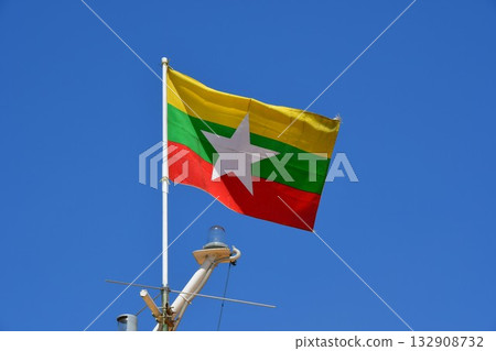 Myanmar, Yangon, Myanmar flag, Yangon River Myanmar, Yangon, Myanmar flag, Yangon River 132908732