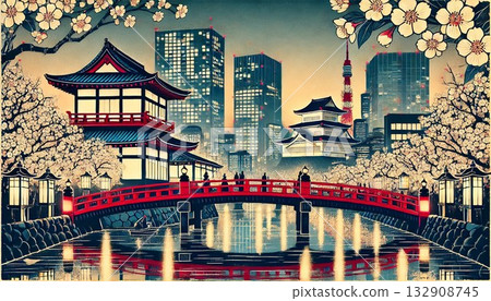 浮世繪風格的東京夜景與櫻花 132908745
